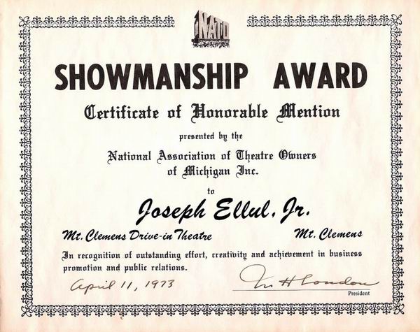 Mt Clemens Drive-In Theatre - Showmanship Award Courtesy Joe Ellul Jr